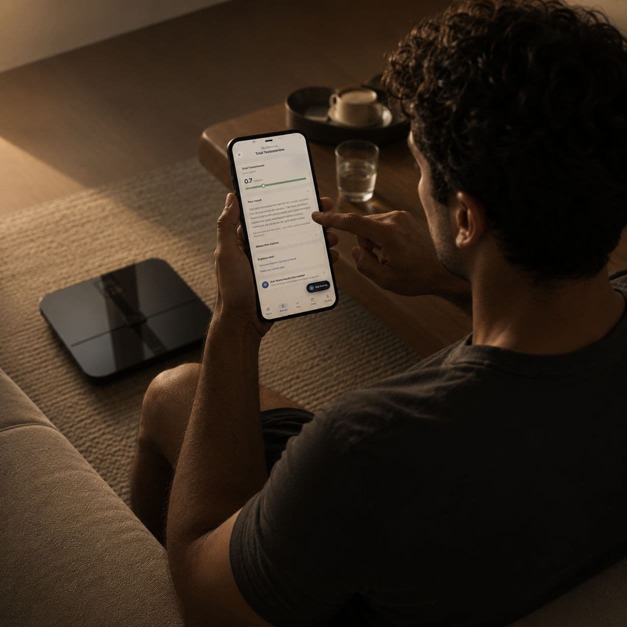 A man reviewing his testosterone result in the Numia app at home
