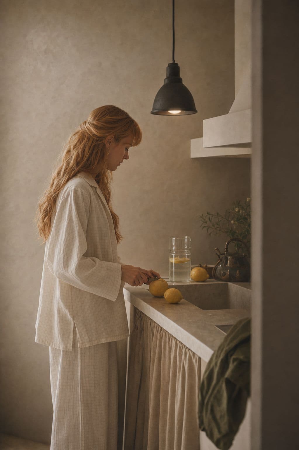 A woman slicing lemons in a soft-lit plaster kitchen