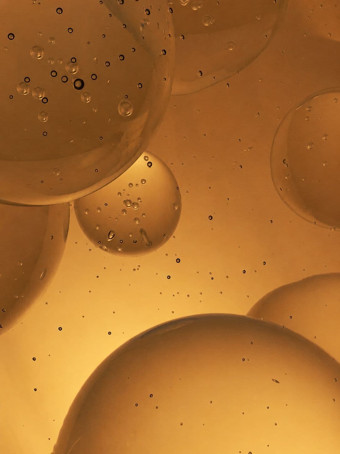 Macro photograph of amber oil droplets in water