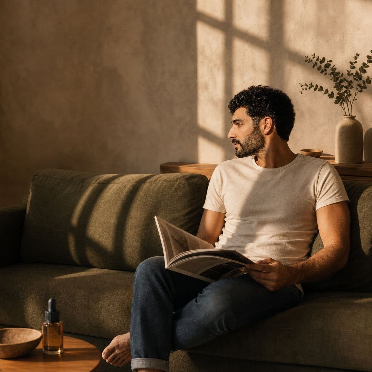 A man reading on a sofa in warm afternoon light at home