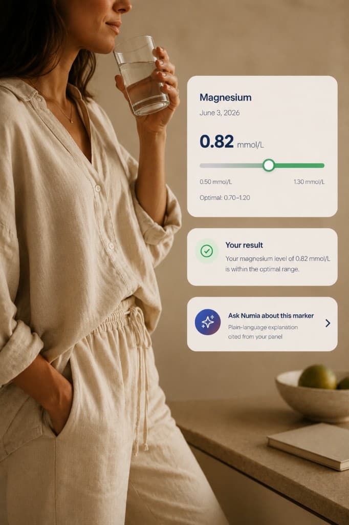 Magnesium results and Numia AI explanation in the Electrolytes Panel app