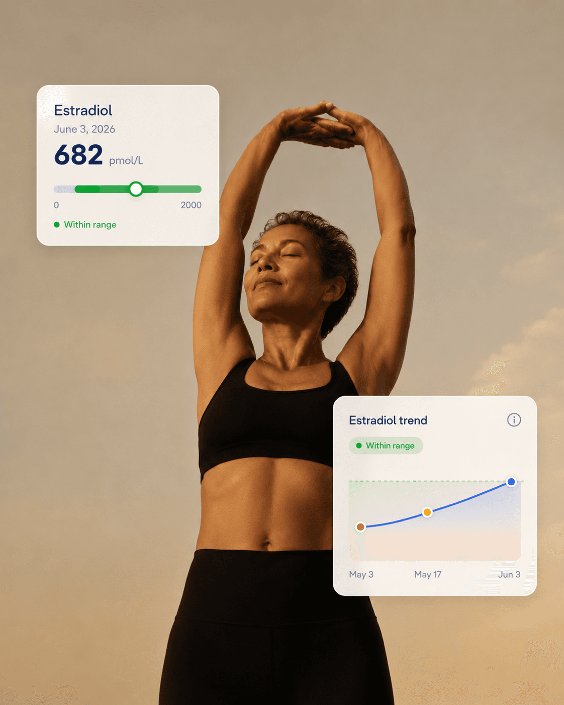 A woman stretching outdoors, with her Estradiol result and trend shown in the Numia app