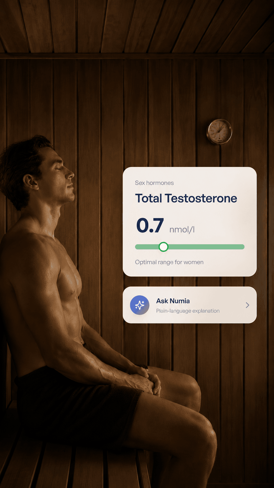 A man relaxing in a sauna, with his Total Testosterone result shown in the Numia app