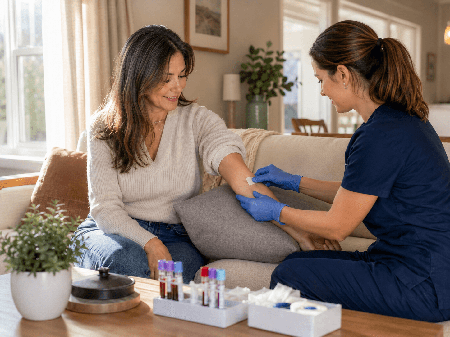 A certified Numia professional preparing a blood draw in a client's living room