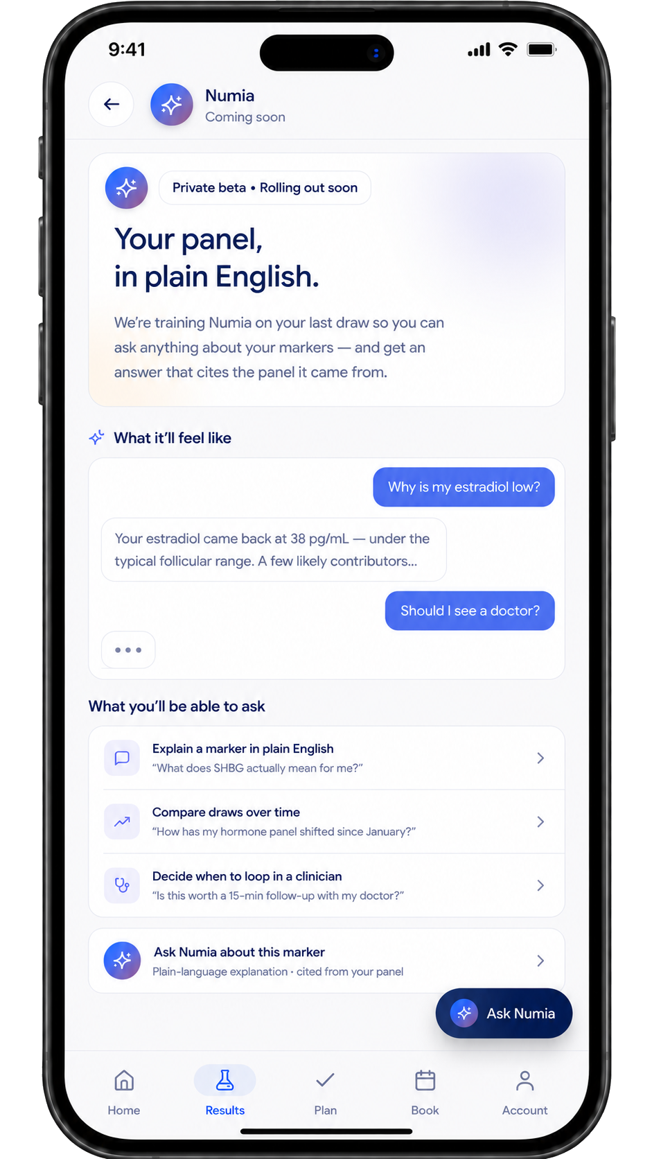 The Numia AI companion answering questions about a test